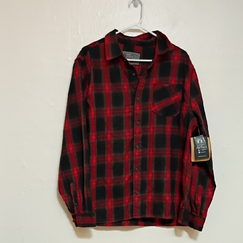 Brooklyn Cloth Red & Black Plaid Button Front Flannel Shacket Size L NWT